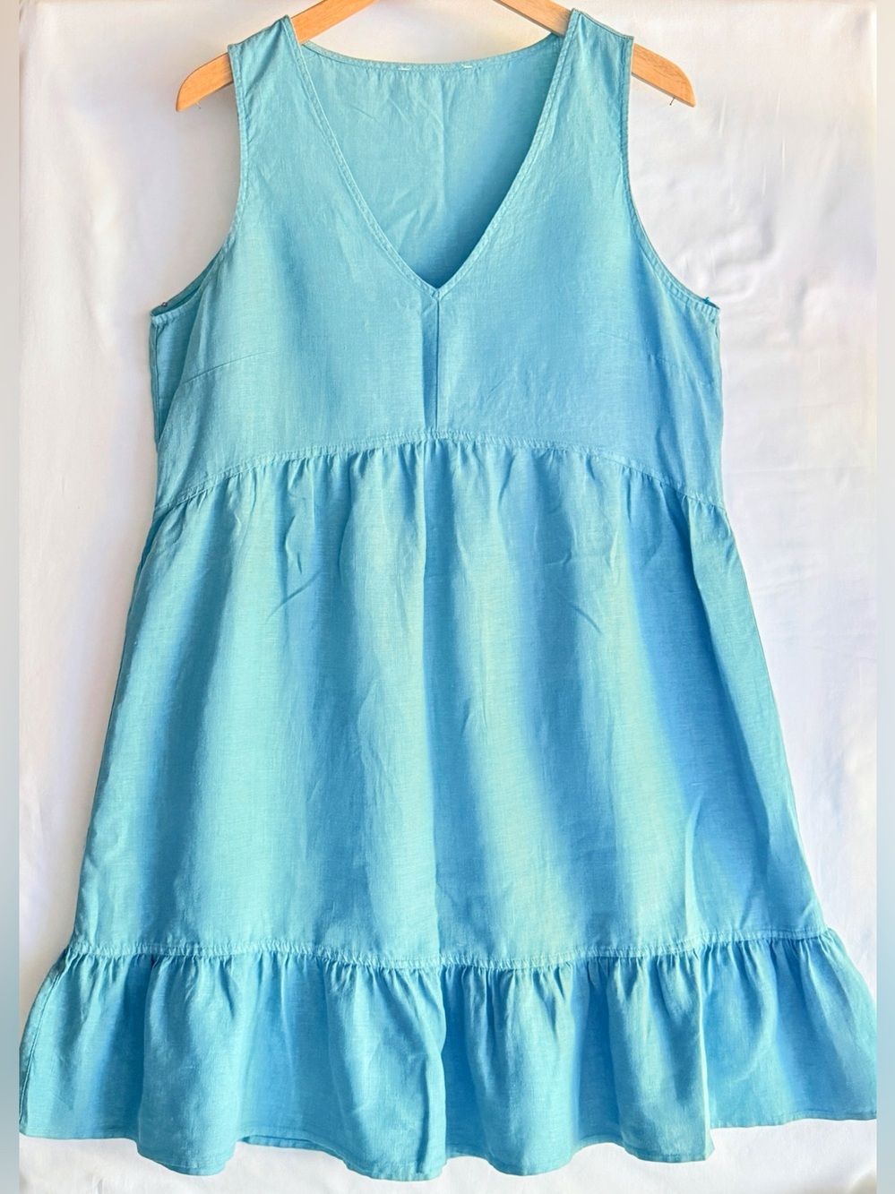 100% Linen Babydoll Tiered Swing Dress Sky Blue V-Neck  L. XL